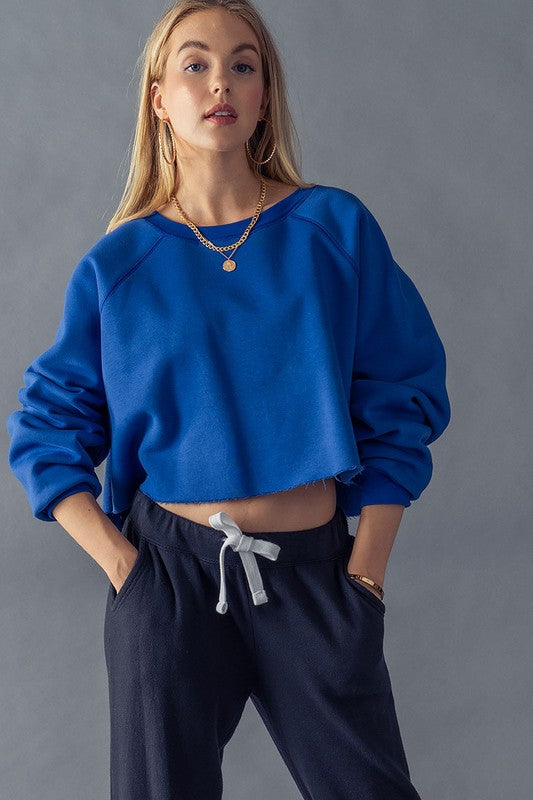 Royal Blue Cropped Crew Neck Sweatshirt Clothing Trend:Notes   