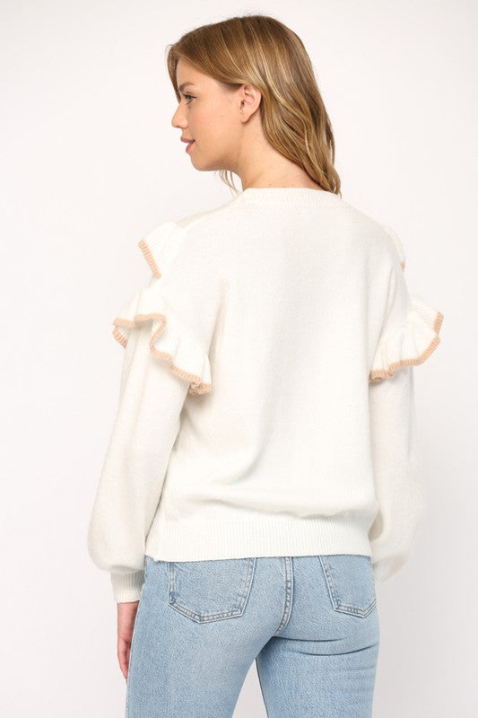 Cream Ruffle Detail Sweater Clothing Fate   