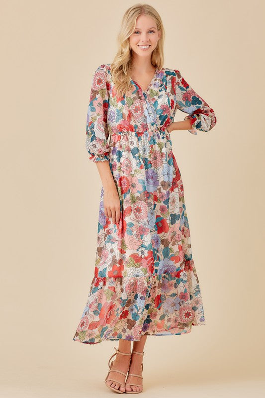 Floral 3/4 Sleeve Maxi Dress Clothing Polagram   