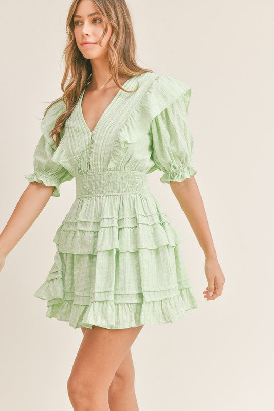 Lime Green Ruffled Vneck Tiered Dress  Peacocks & Pearls Lexington