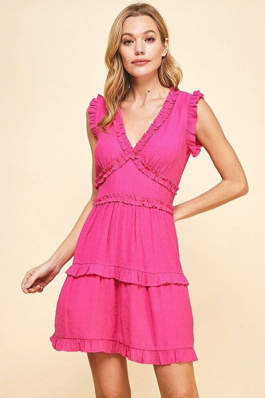 Slv/Less V-Neck Ruffle Detail Tiered Dress Clothing Peacocks & Pearls Lexington Pink S 