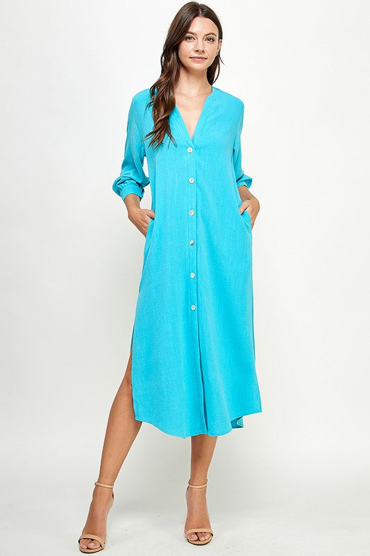 Aqua V Neck Button Down Linen Dress Peacocks & Pearls Lexington Aqua V Neck Button Down Linen Dress Peacocks & Pearls Lexington