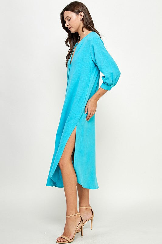 Aqua V Neck Button Down Linen Dress Peacocks & Pearls Lexington Aqua V Neck Button Down Linen Dress Peacocks & Pearls Lexington