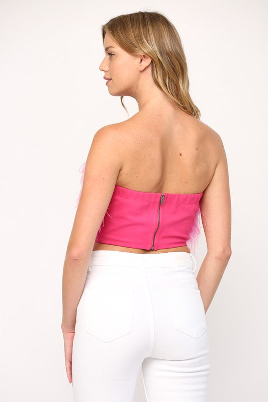 Hot Pink Feathered Strapless Crop Top Clothing Fate   