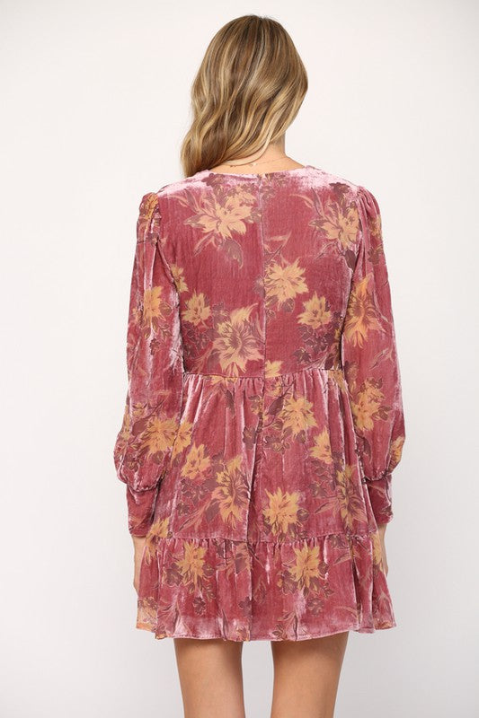 Mauve Floral Velvet V-neck Dress Clothing Fate   