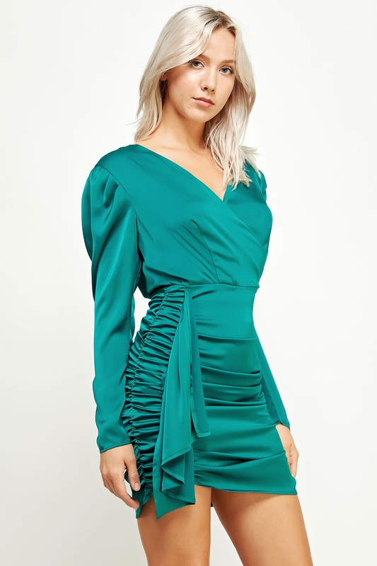 Green Ruched V-Neck LS Dress Clothing Strut & Bolt   