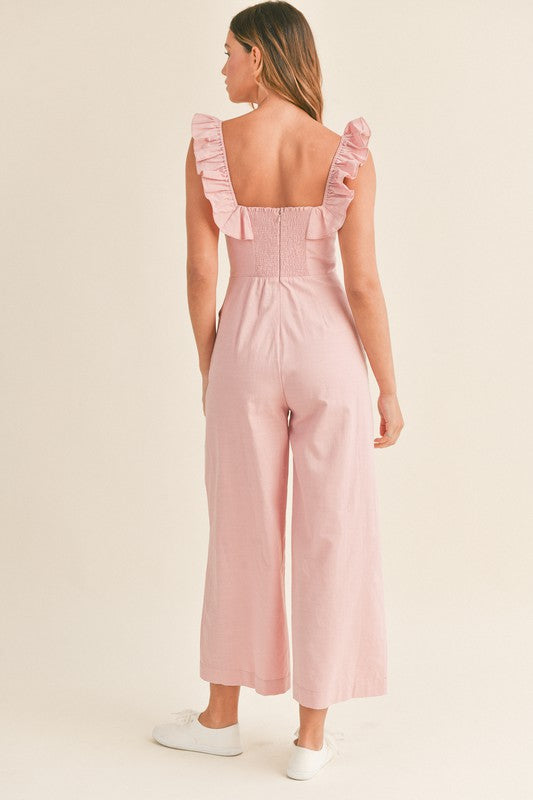 Pink Ruffled Square Neck Jumpsuit Clothing Mabel   