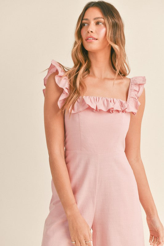 Pink Ruffled Square Neck Jumpsuit Clothing Mabel   