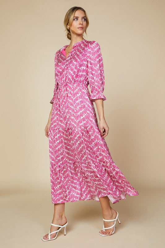 Pink 3/4 Slv Printed Tiered Maxi Dress Clothing Skies Are Blue   