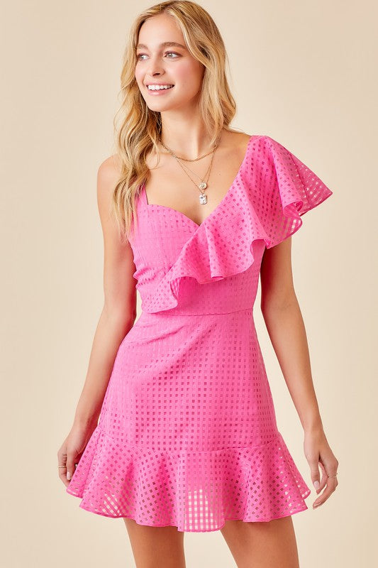 Hot Pink Asymm Sheer Gingham Dress Clothing Day + Moon   