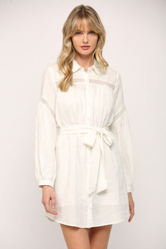 White Lace Trim Shirt Dress