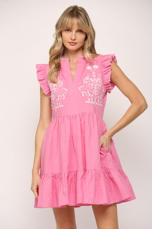 Pink Embroidered Ruffle Tiered Dress Clothing Fate   