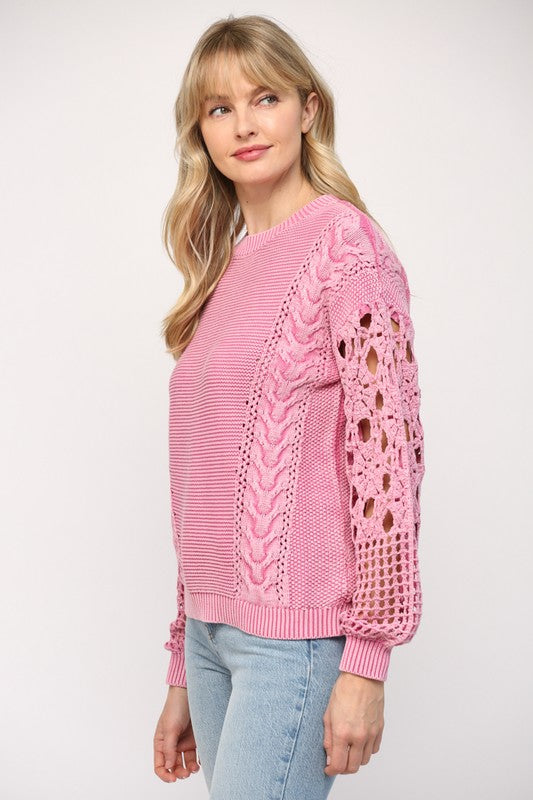 Pink Washed Crotchet Slv Sweater Clothing Fate   
