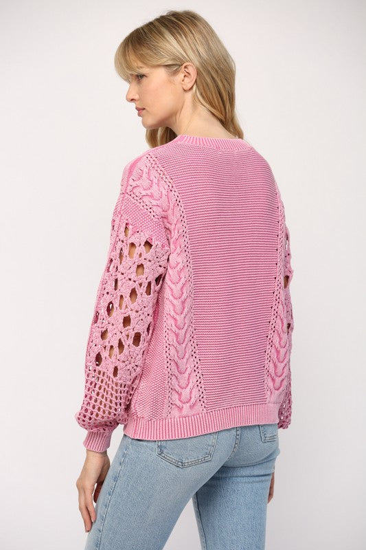Pink Washed Crotchet Slv Sweater Clothing Fate   