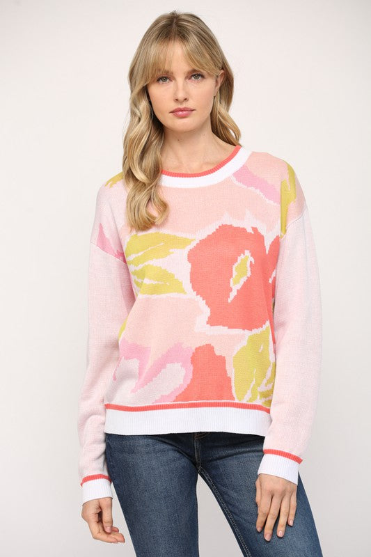 Pink Floral Crew Neck Sweater Clothing Fate   