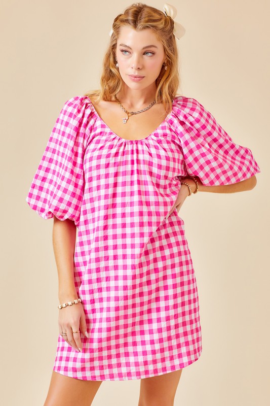 Hot Pink Gingham Balloon Slv Dress Clothing Day + Moon   