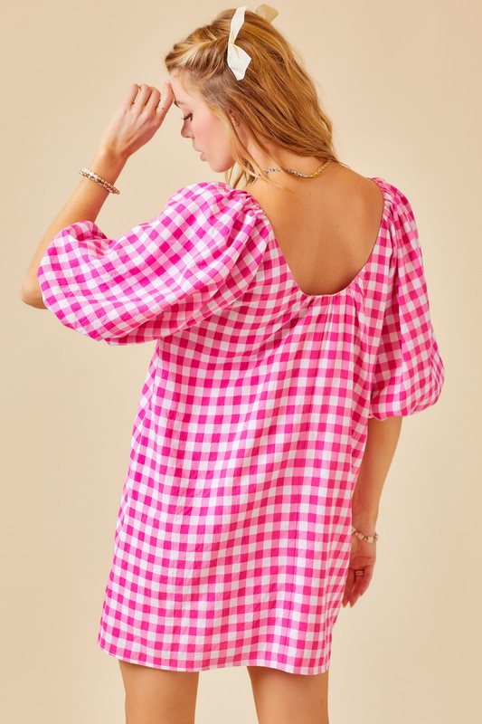 Hot Pink Gingham Balloon Slv Dress Clothing Day + Moon   