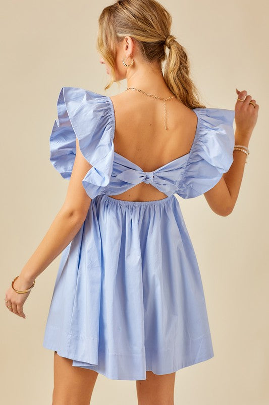 Blue Ruffle Poplin Tie Back Dress