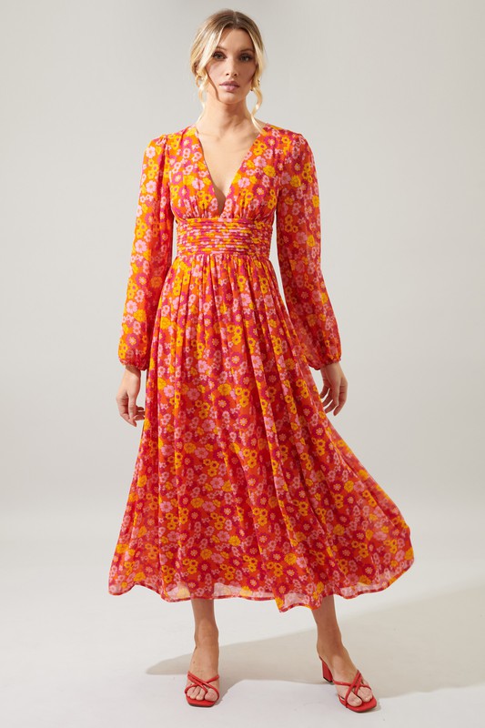 Orange Floral Pleated Waist Maxi Dress Clothing SugarLips   