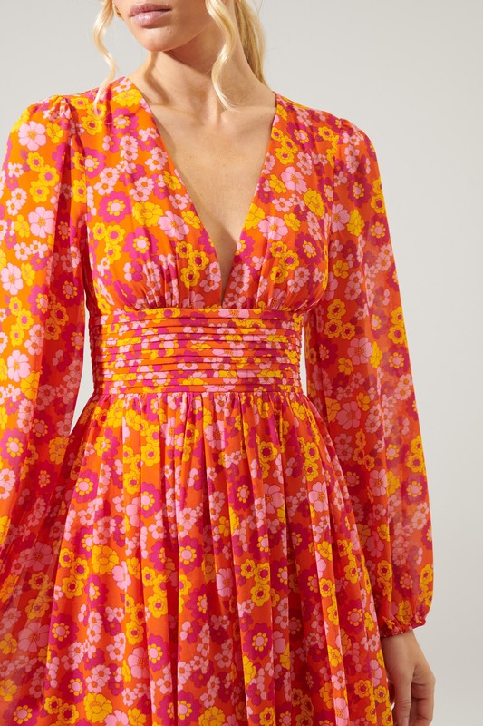 Orange Floral Pleated Waist Maxi Dress Clothing SugarLips   