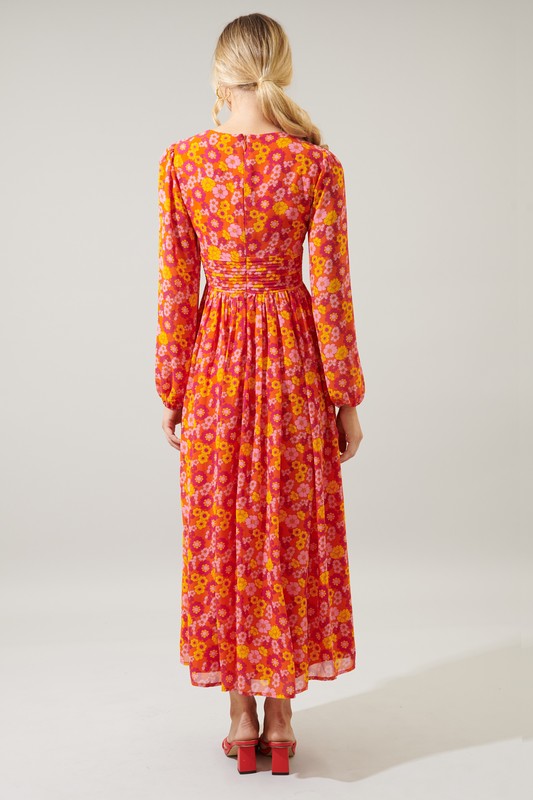 Orange Floral Pleated Waist Maxi Dress Clothing SugarLips   