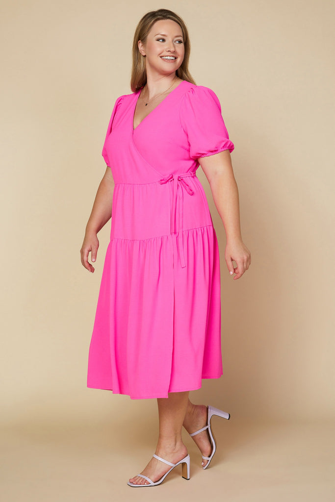Hot Pink Wrap Midi Dress Clothing Skies Are Blue   
