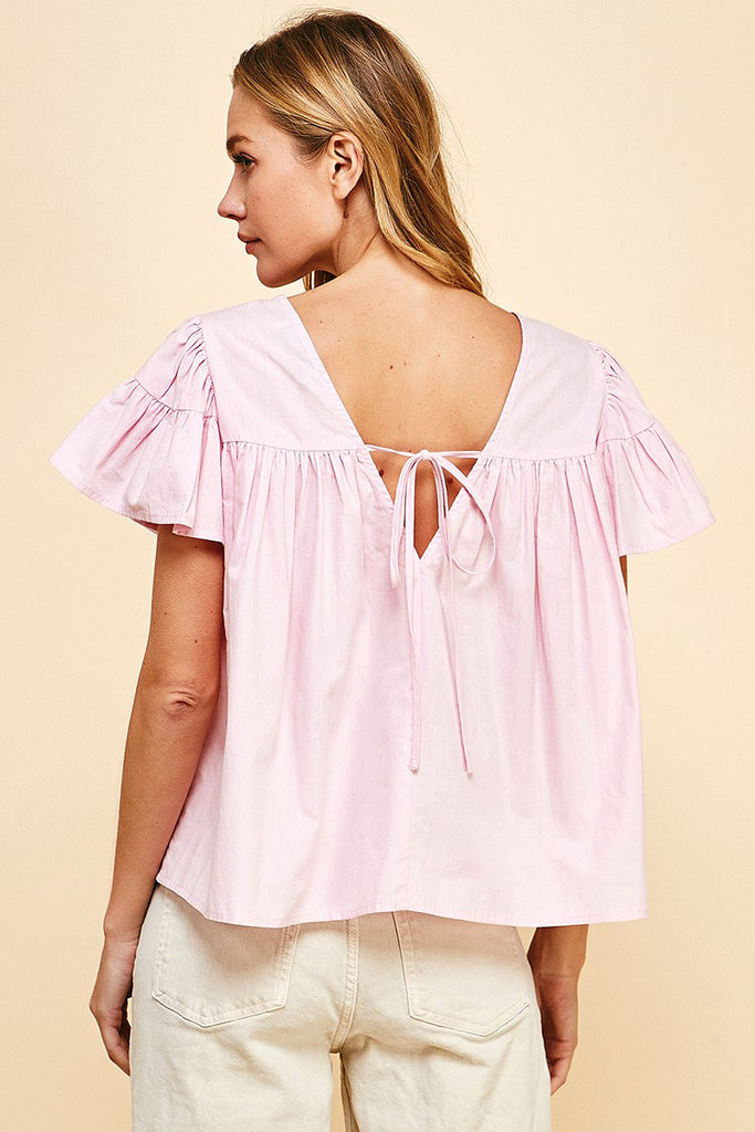 Pink Flutter Slv W/ Tie Low Back Top Clothing Pinch   
