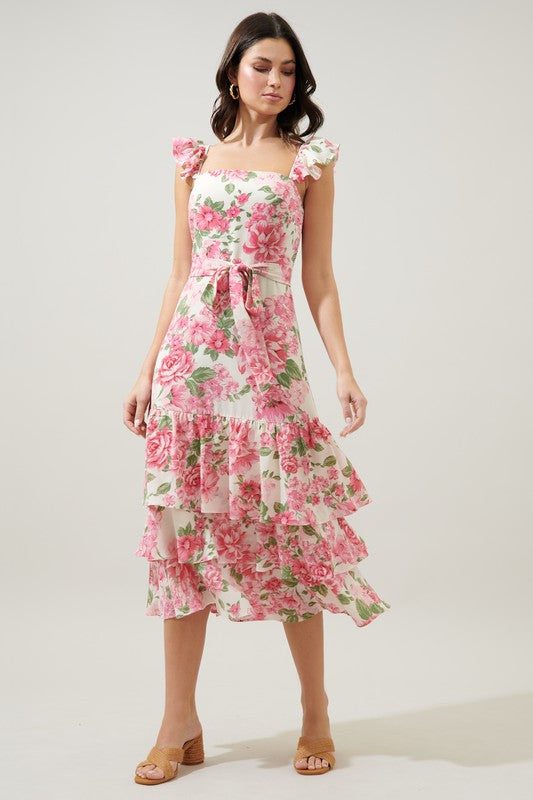 Pink Floral Ruffle Layers W/ Tie Front Dress Peacocks & Pearls Lexington Pink Floral Ruffle Layers W/ Tie Front Dress Peacocks & Pearls Lexington