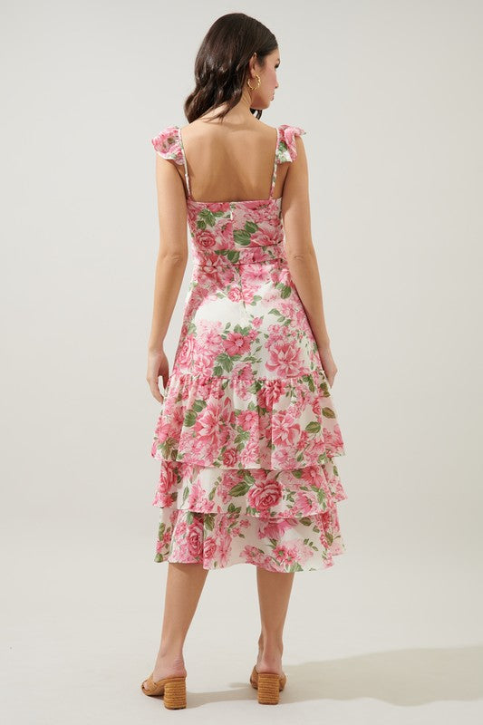Pink Floral Ruffle Layers W/ Tie Front Dress Clothing SugarLips   