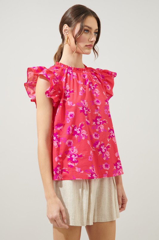 Hot Pink Floral Mock Neck Ruffle Slv Top Clothing SugarLips   