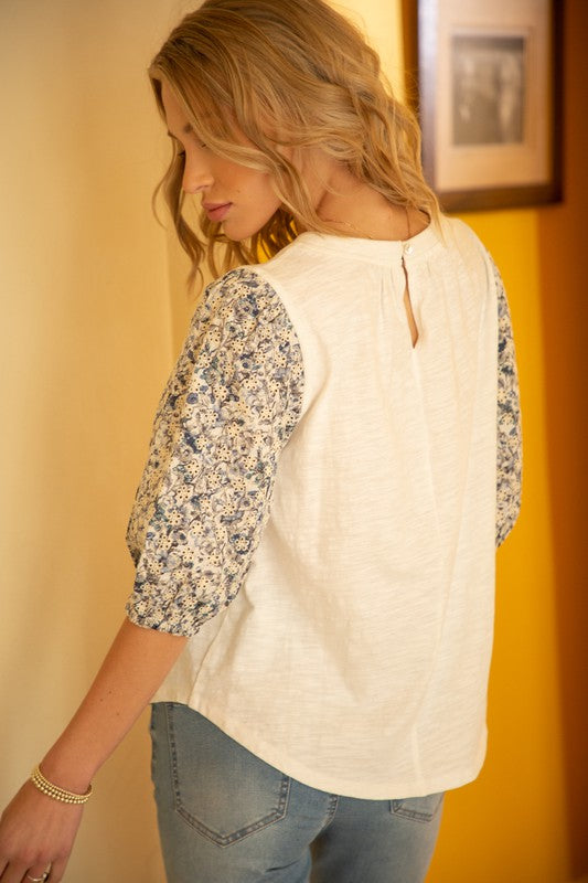 Blue Floral Puff 3/4 Slv Tee Top Clothing Voy   
