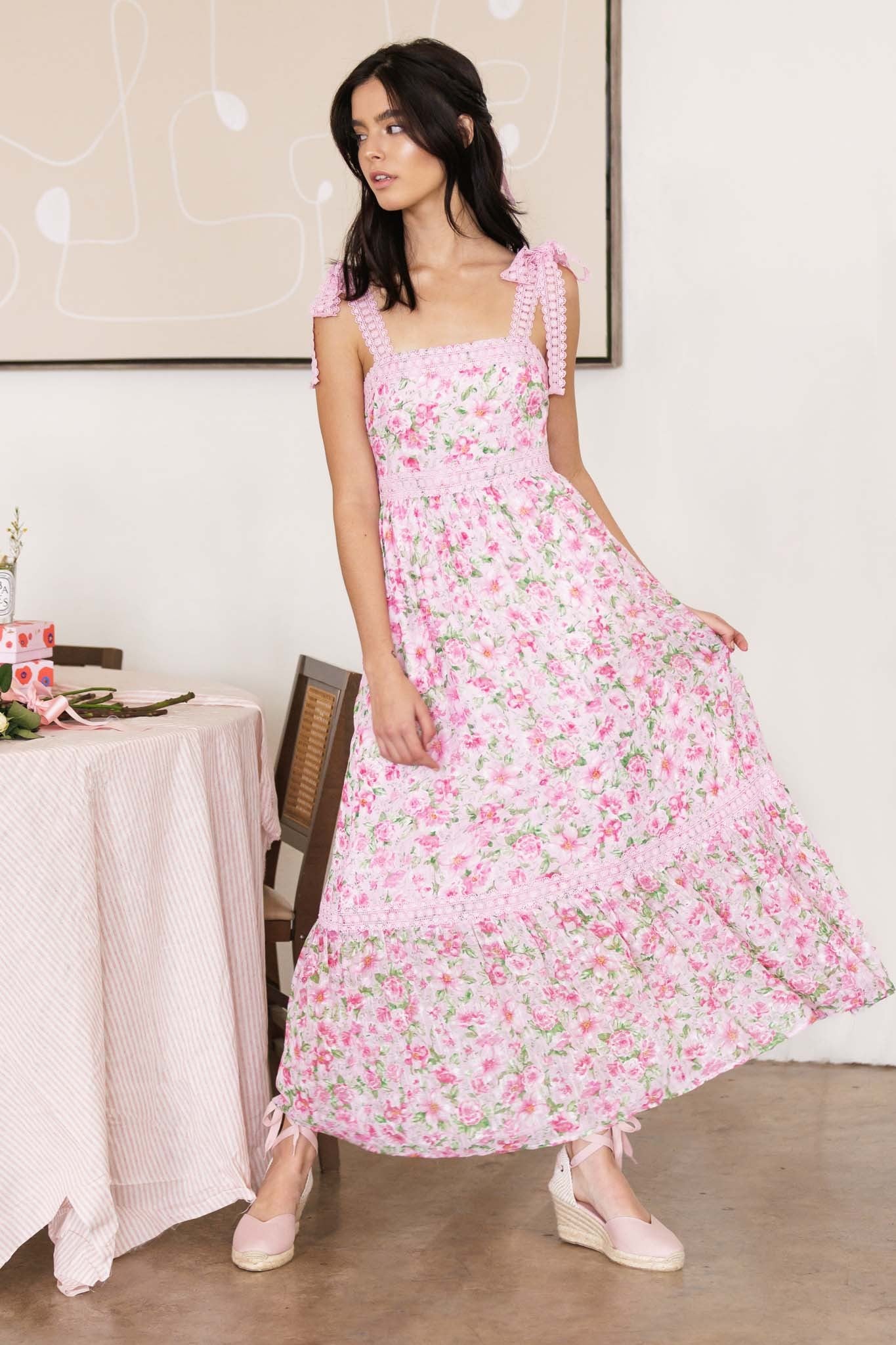 Pink Floral Print Maxi with Tie Strap Shoulders Pink Floral Print Maxi with Tie Strap Shoulders