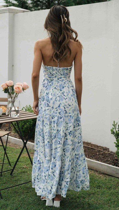Blue Floral Halter V-neck Maxi Dress Clothing Dresses By Lilly   