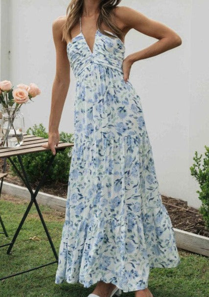 Blue Floral Halter V-neck Maxi Dress Peacocks & Pearls Lexington Blue Floral Halter V-neck Maxi Dress Peacocks & Pearls Lexington