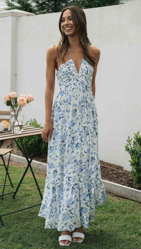 Blue Floral Halter V-neck Maxi Dress Clothing Dresses By Lilly   