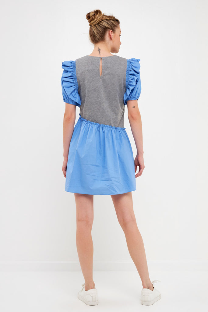 Grey/Blue Asymmetric Puff Slv Dress Clothing August Apparel   