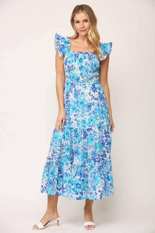 Blue Multi Floral Smocked Tiered Maxi Clothing Fate   