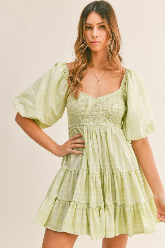 Green Plaid Gingham Babydoll Dress Clothing Mabel   