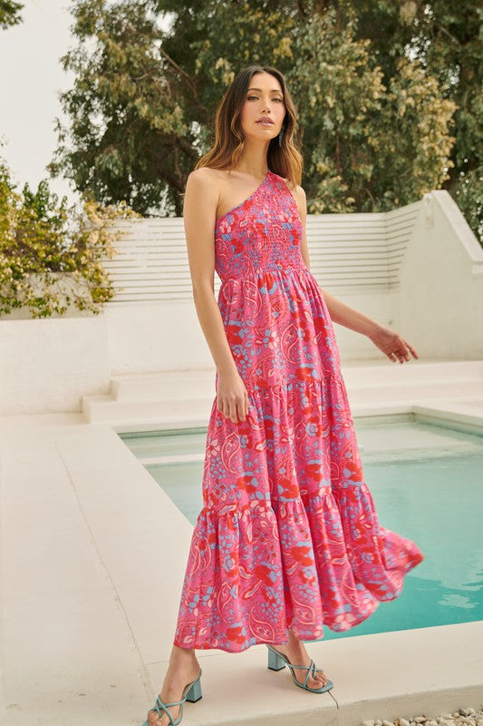 Pink Floral One Shoulder Tiered Maxi Clothing SugarLips   