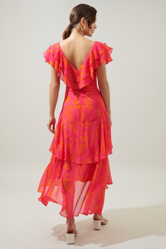 Hot Pink W/ Orange Floral Ruffle Midi Clothing SugarLips   