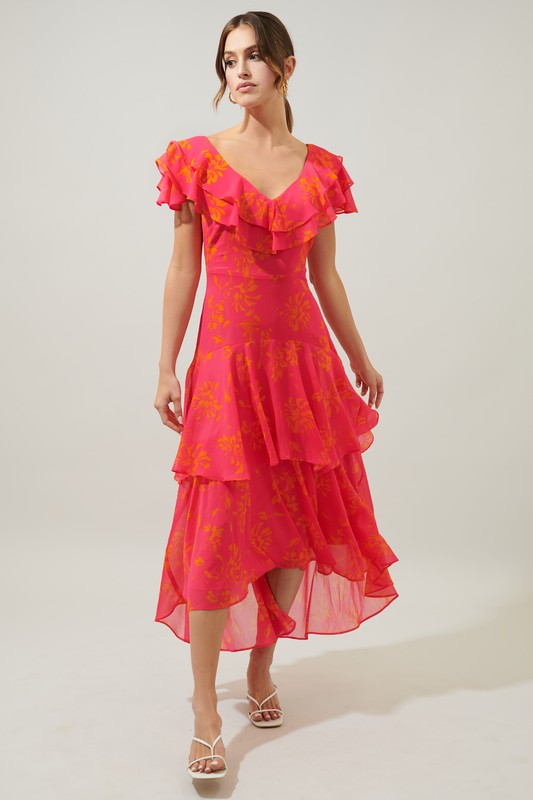 Hot Pink W/ Orange Floral Ruffle Midi Clothing SugarLips   