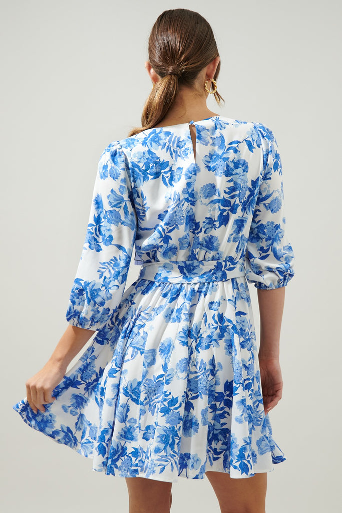 Blue/White Floral 3/4 Slv Dress Clothing SugarLips   