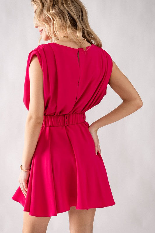 Hot Pink Belted Slvless Flare Skirt Dress Clothing Trend:Notes   