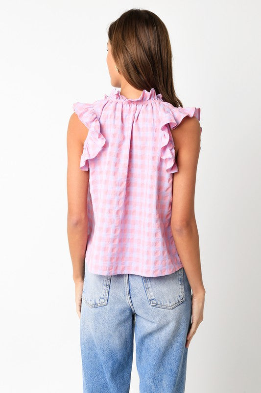 Purple/Pnk Checked Ruffle Slv Top Clothing Olivaceous   