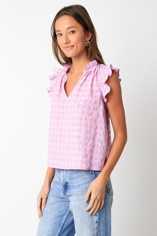 Purple/Pnk Checked Ruffle Slv Top Clothing Olivaceous   