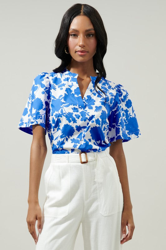 Blue/White Floral V-neck S/S Top Clothing SugarLips   