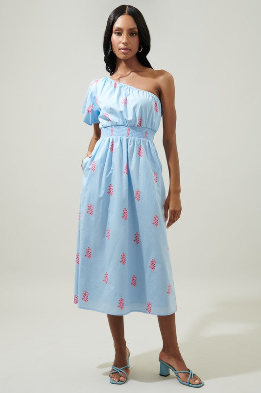 Blue W/ Pink Flower One Shoulder Midi Clothing SugarLips   