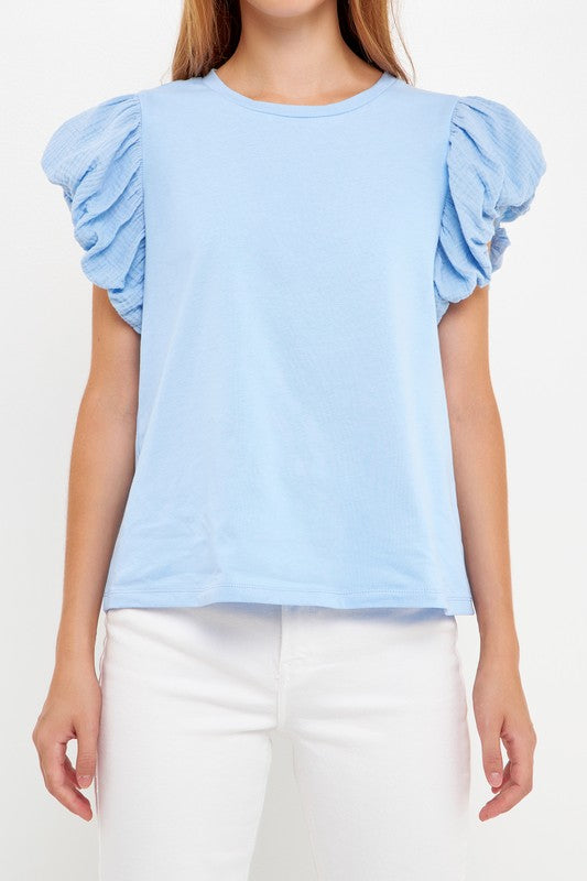 T-shirt W/ Ruffle Bubble Slv Top Clothing August Apparel Blue XS 