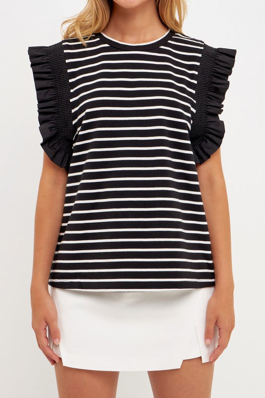 Black/White Striped Ruffle Slv Top Clothing August Apparel   