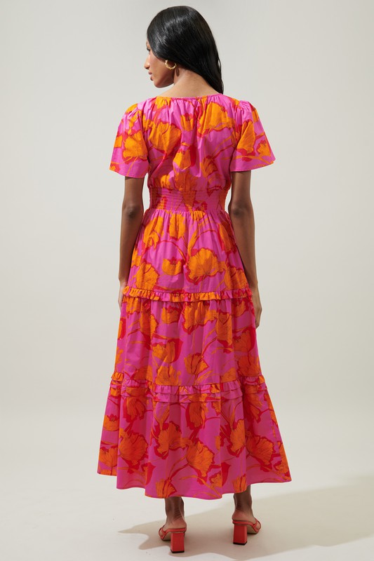 Pink/Orange Floral Tiered Maxi Dress Clothing SugarLips   